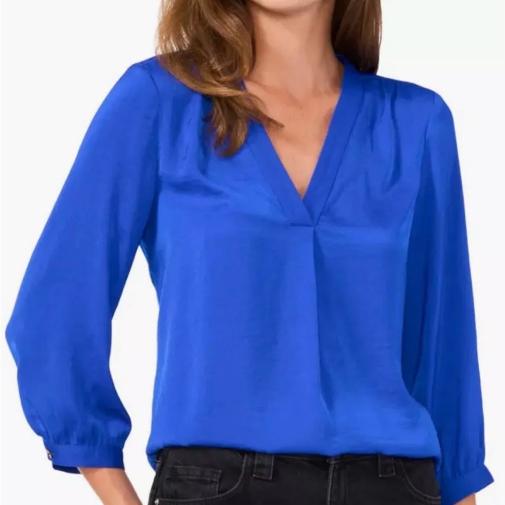 Vince Camuto Rumple Satin V-neck Women's 3/4 Sleeve Blouse Top Dusk Blue NWT